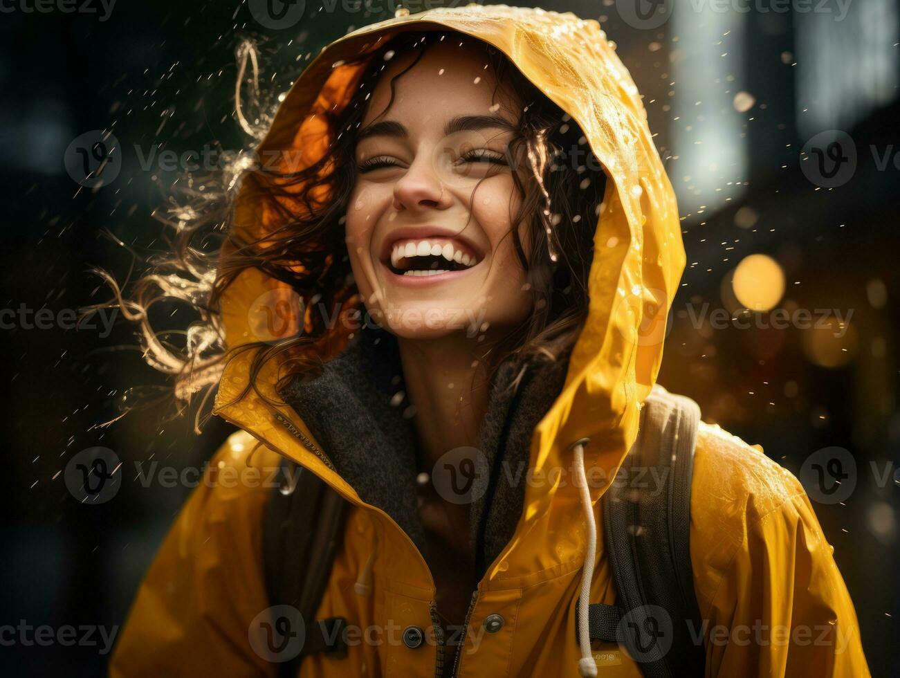 Carefree woman joyfully dances in the refreshing rain AI Generative photo