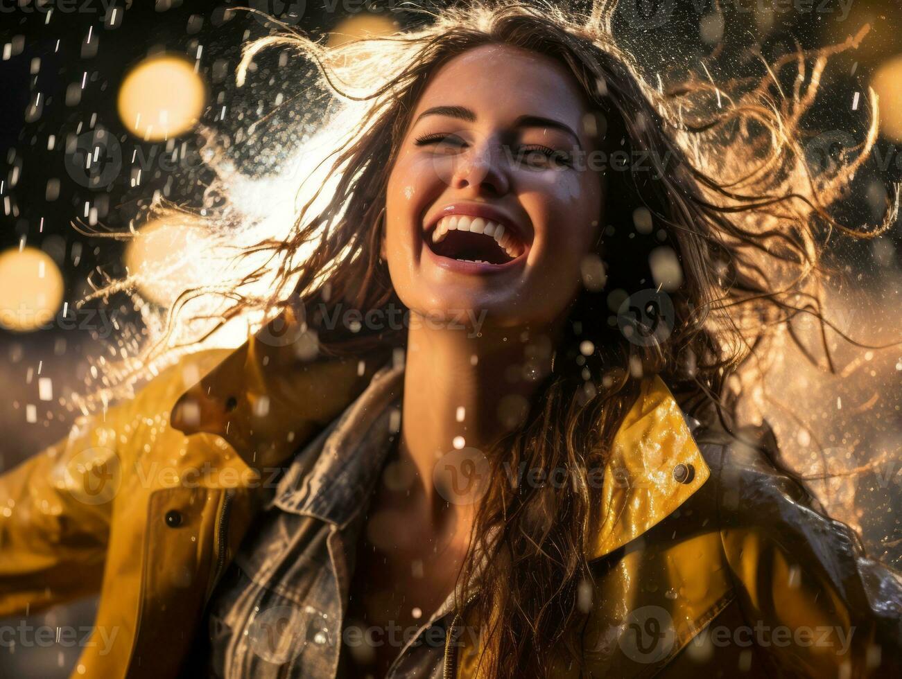Carefree woman joyfully dances in the refreshing rain AI Generative photo