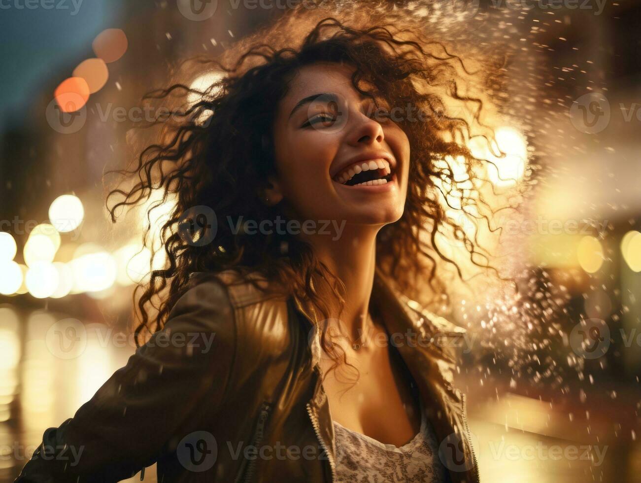 Carefree woman joyfully dances in the refreshing rain AI Generative photo