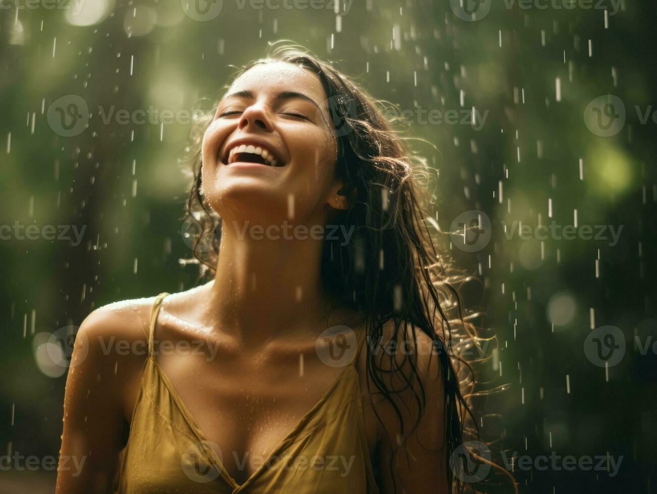 Carefree woman joyfully dances in the refreshing rain AI Generative photo