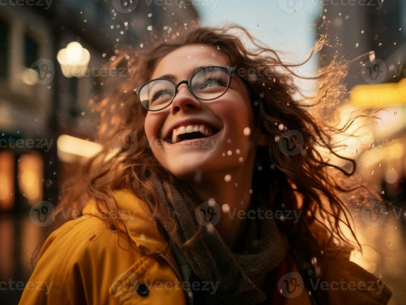 Carefree woman joyfully dances in the refreshing rain AI Generative photo