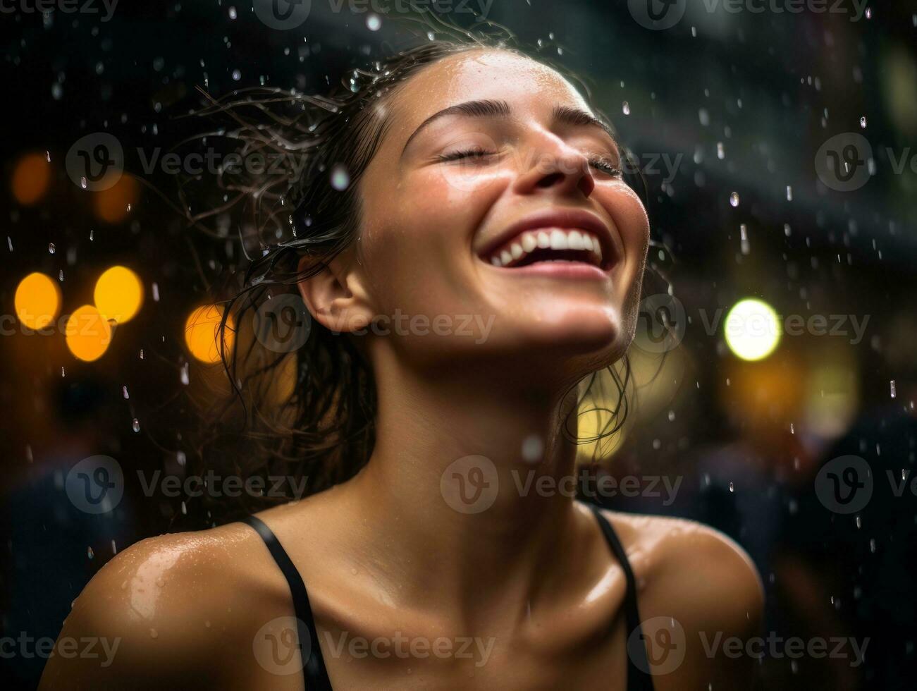 Carefree woman joyfully dances in the refreshing rain AI Generative photo