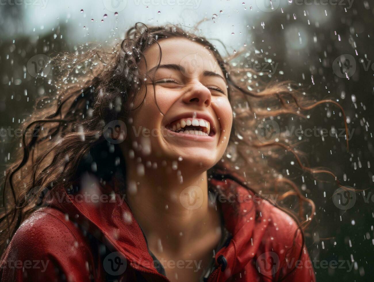 Carefree woman joyfully dances in the refreshing rain AI Generative photo