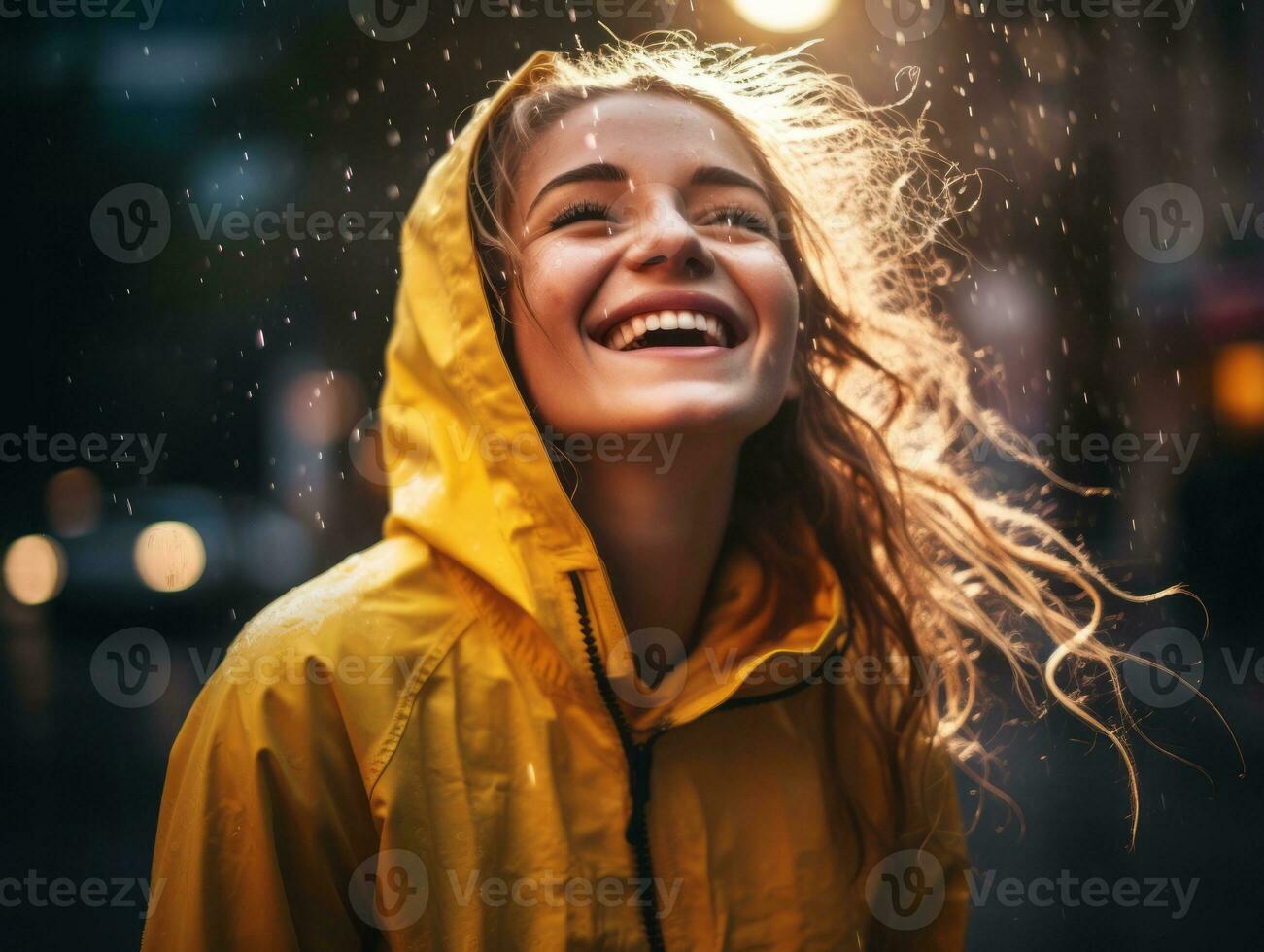 Carefree woman joyfully dances in the refreshing rain AI Generative photo