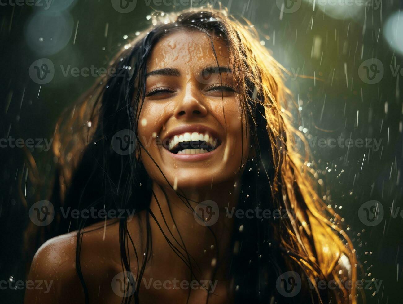 Carefree woman joyfully dances in the refreshing rain AI Generative photo