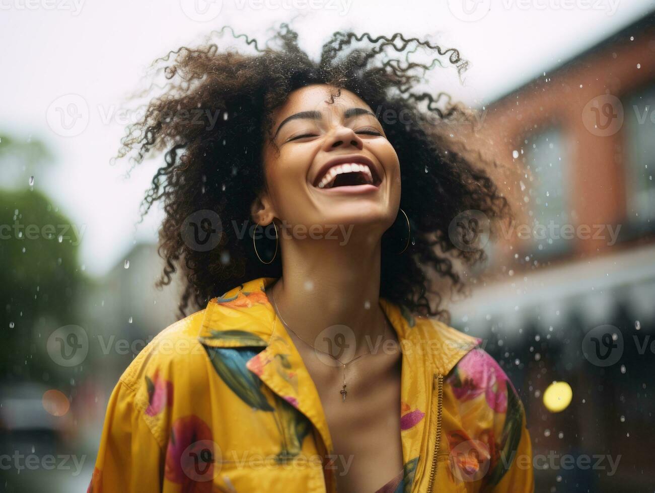 Carefree woman joyfully dances in the refreshing rain AI Generative photo