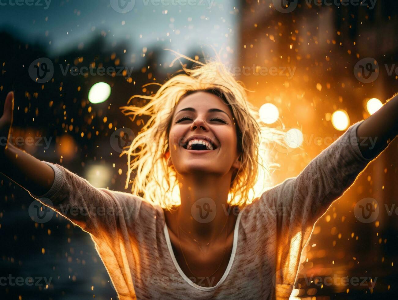 Carefree woman joyfully dances in the refreshing rain AI Generative photo