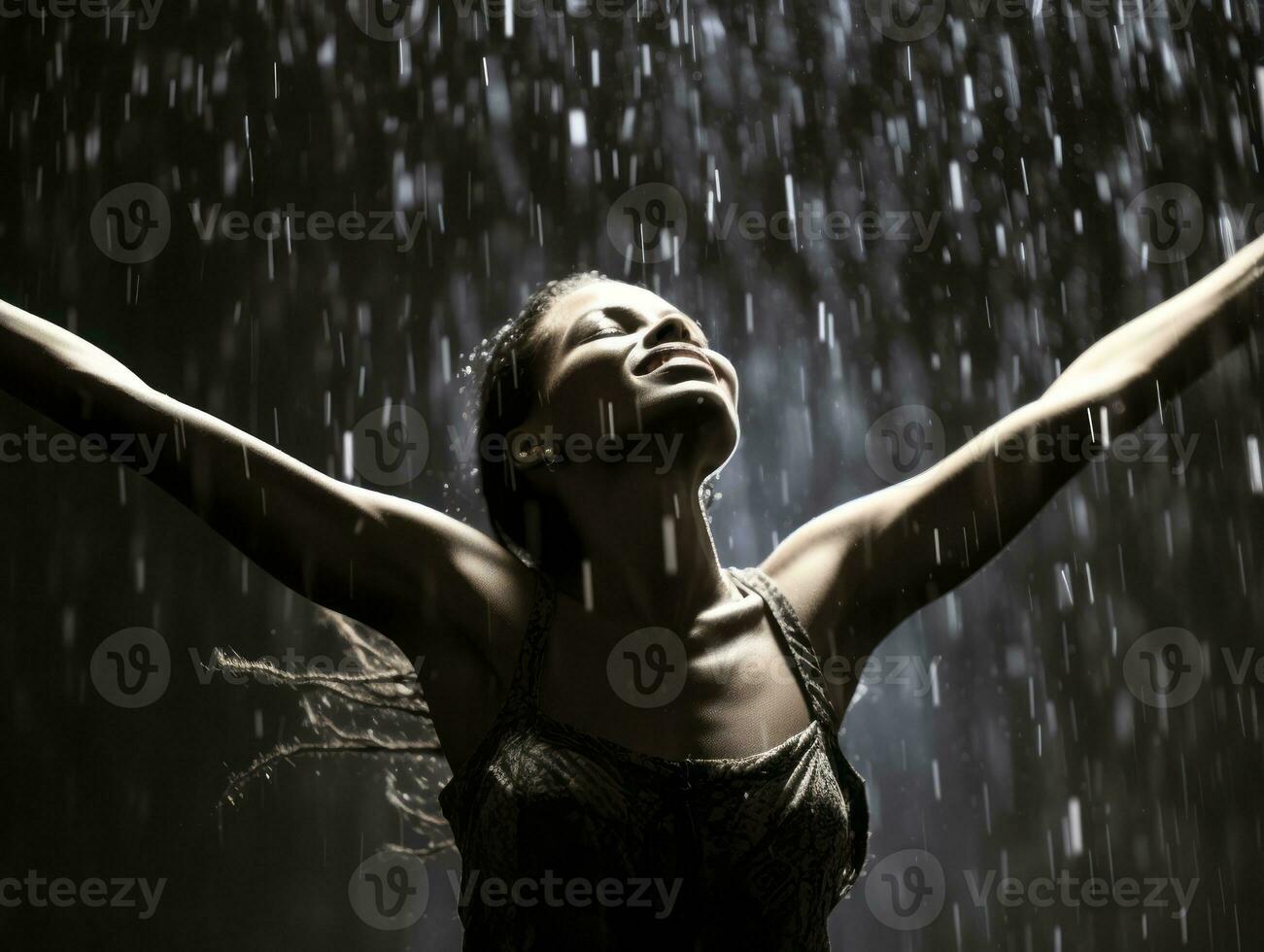 Carefree woman joyfully dances in the refreshing rain AI Generative photo