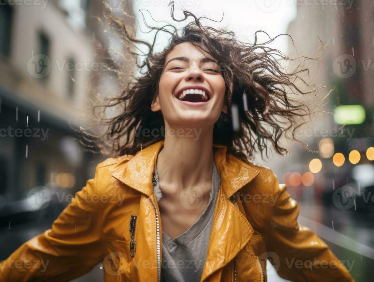 Carefree woman joyfully dances in the refreshing rain AI Generative photo
