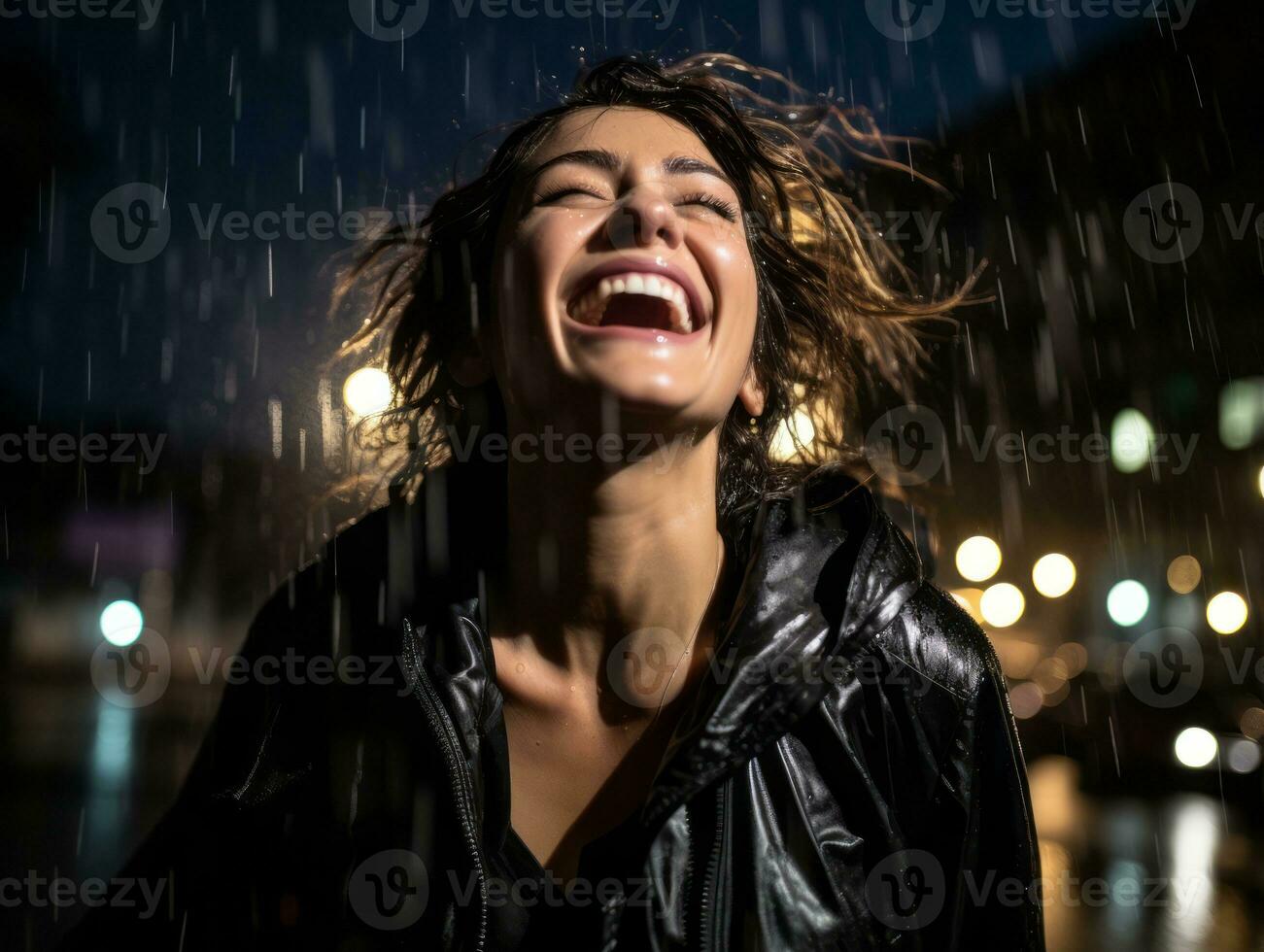 Carefree woman joyfully dances in the refreshing rain AI Generative photo