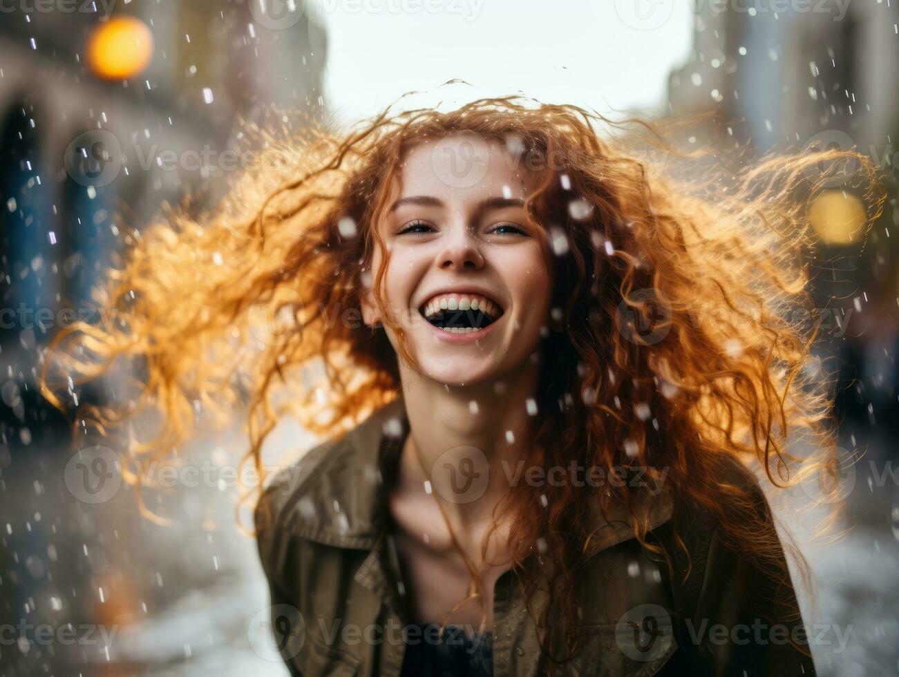 Carefree woman joyfully dances in the refreshing rain AI Generative photo