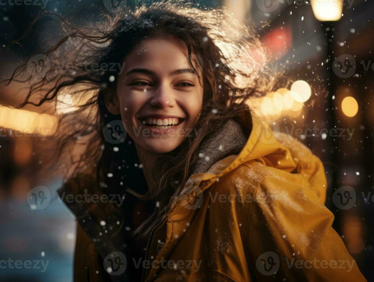 Carefree woman joyfully dances in the refreshing rain AI Generative photo