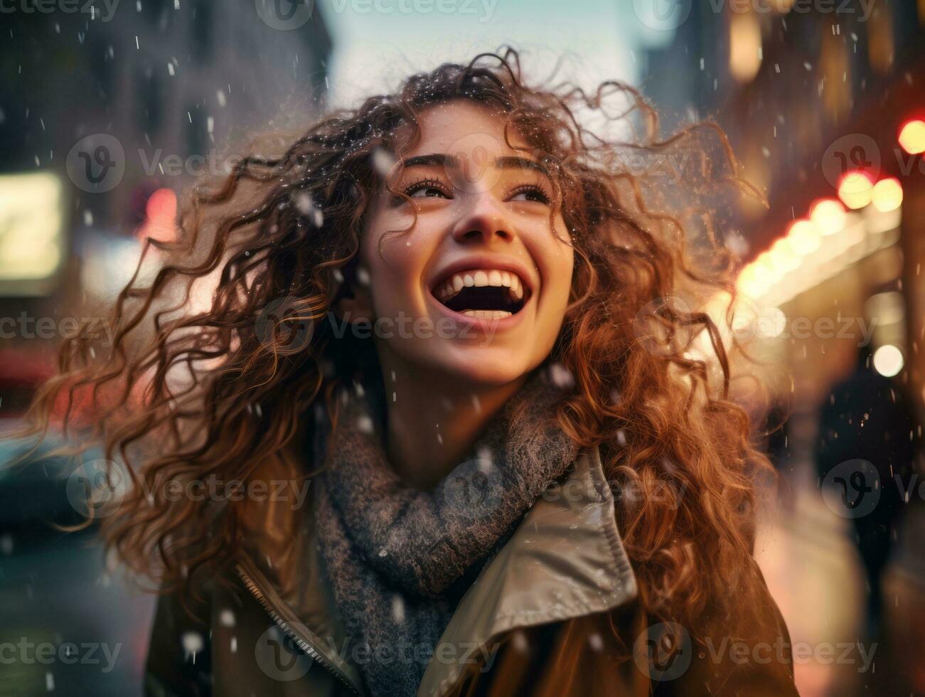 Carefree woman joyfully dances in the refreshing rain AI Generative photo