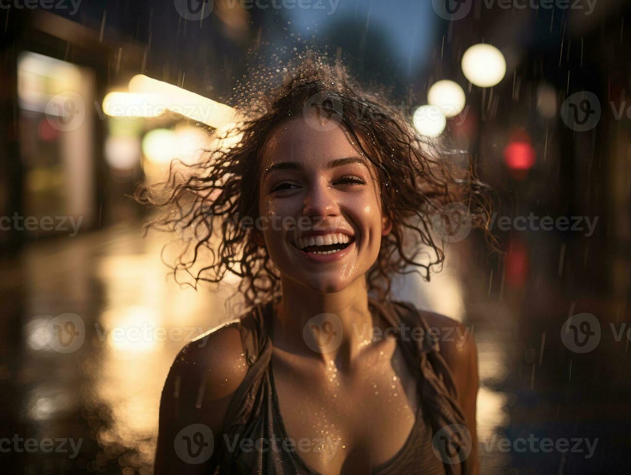 Carefree woman joyfully dances in the refreshing rain AI Generative photo