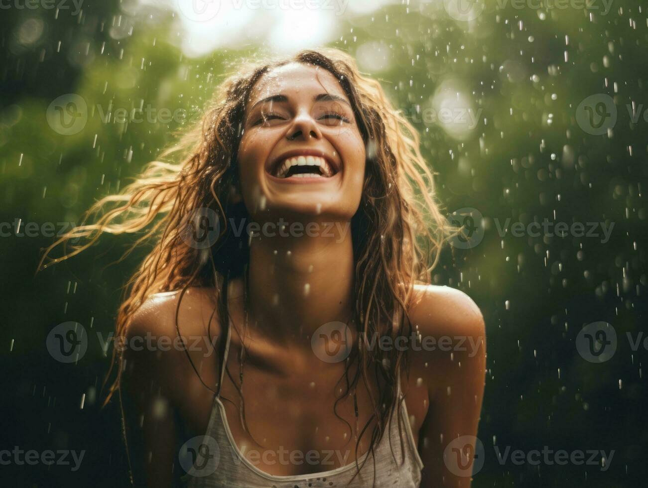 Carefree woman joyfully dances in the refreshing rain AI Generative photo