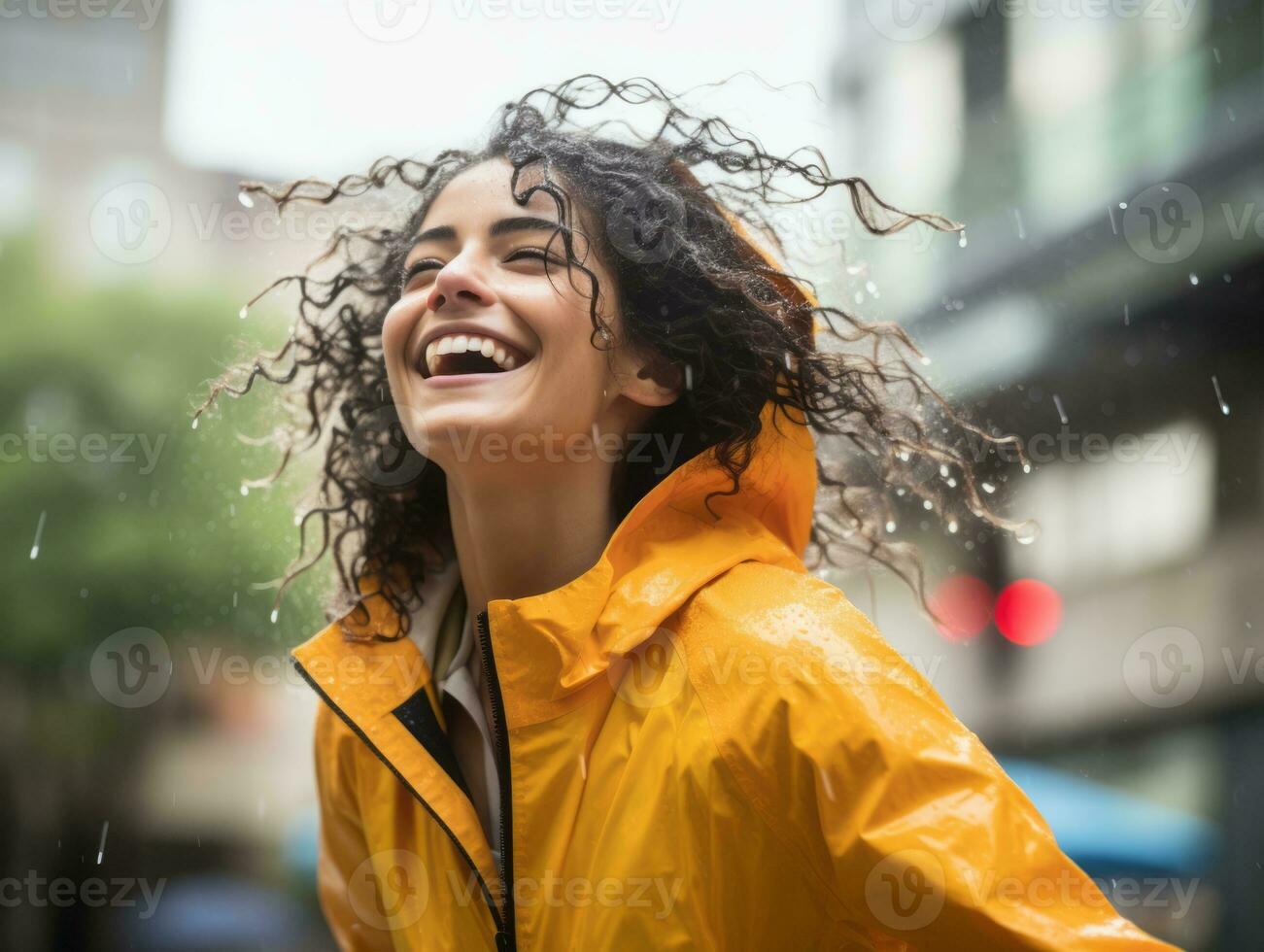Carefree woman joyfully dances in the refreshing rain AI Generative photo