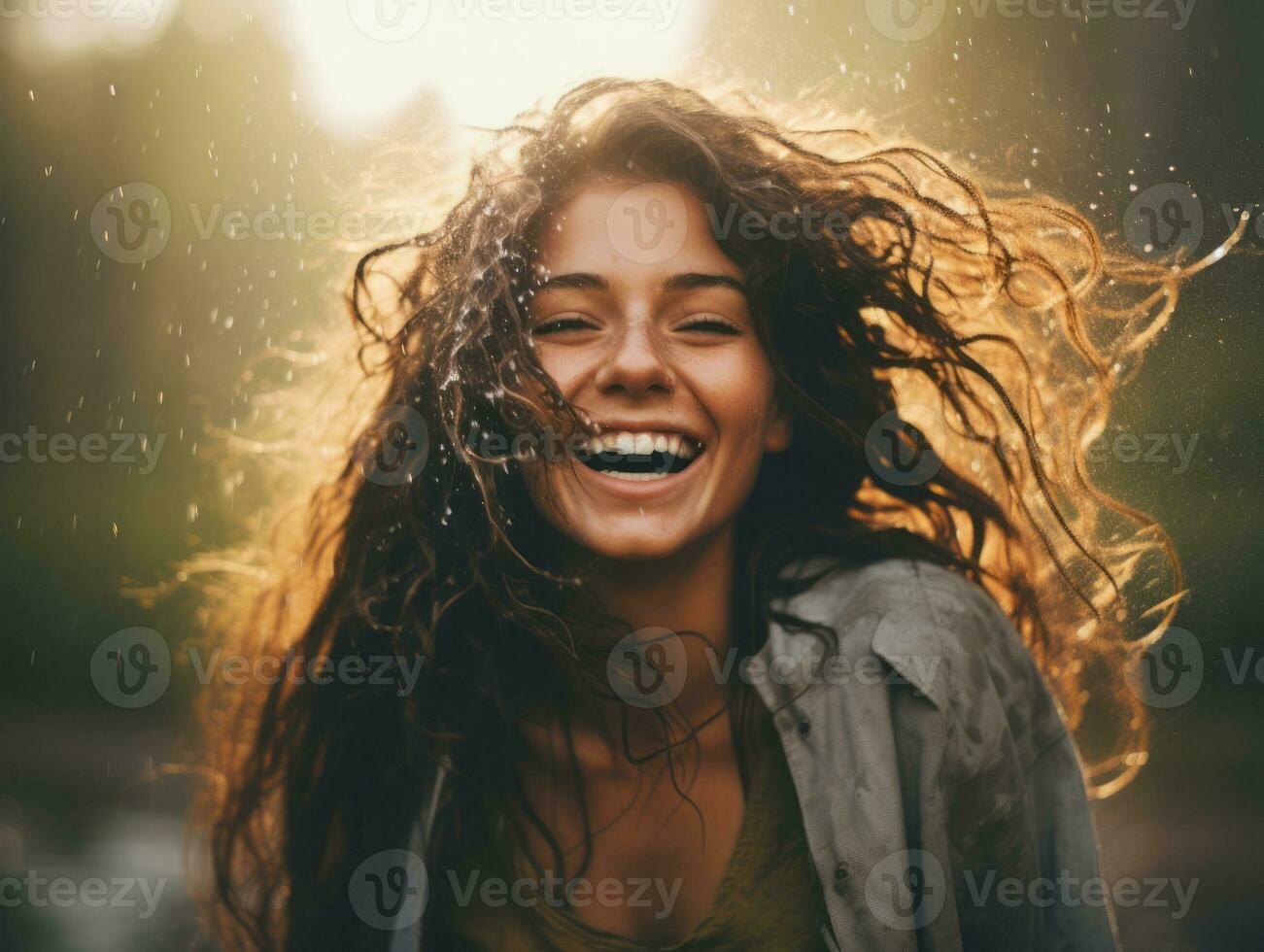 Carefree woman joyfully dances in the refreshing rain AI Generative photo