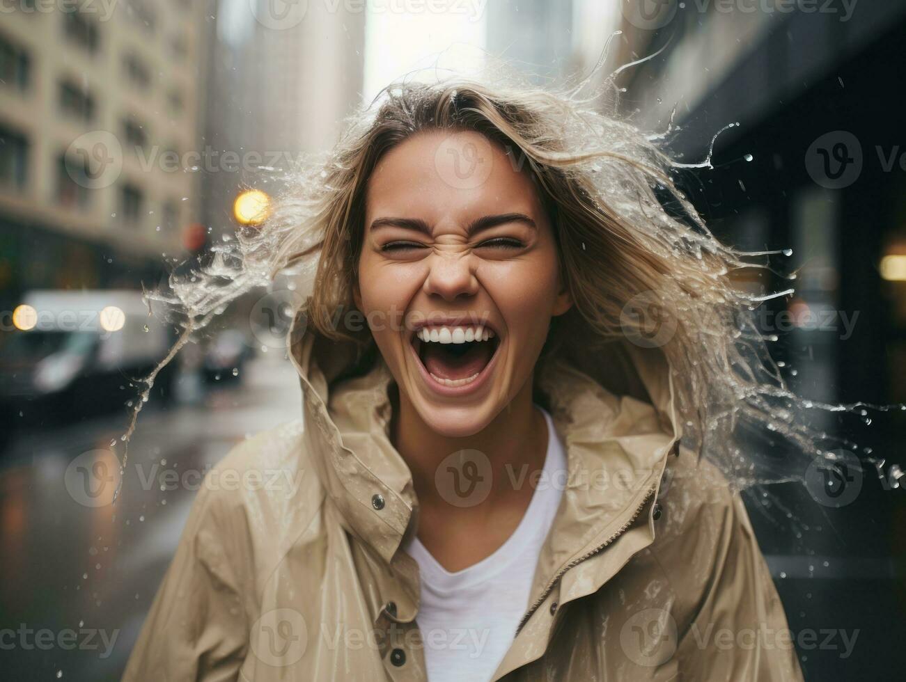 Carefree woman joyfully dances in the refreshing rain AI Generative photo