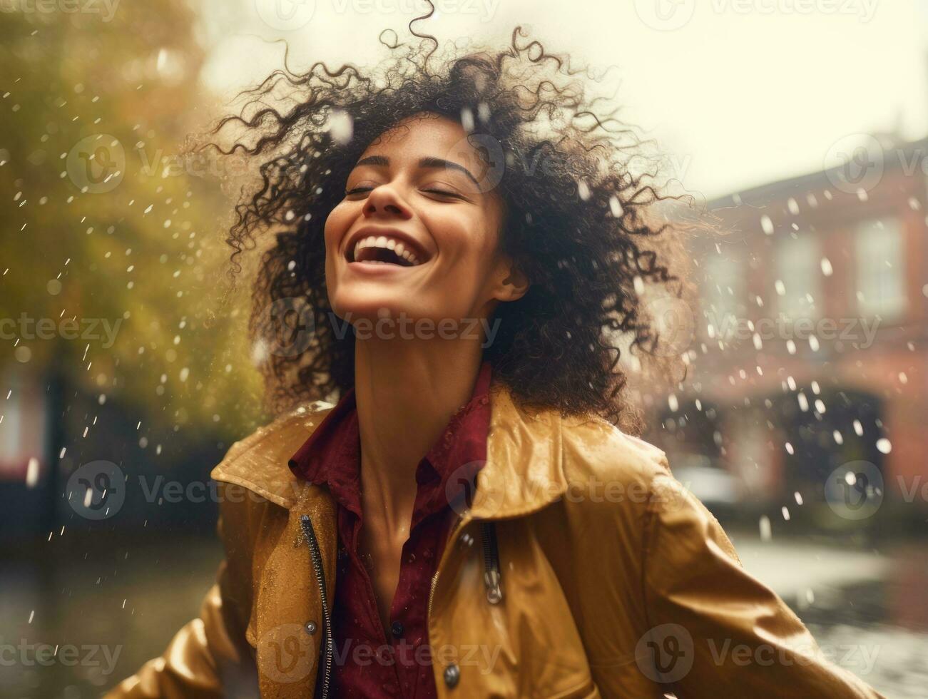Carefree woman joyfully dances in the refreshing rain AI Generative photo