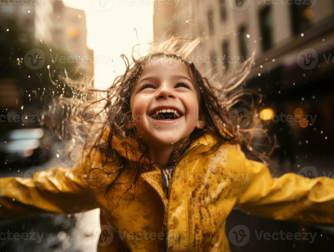 Carefree woman joyfully dances in the refreshing rain AI Generative photo