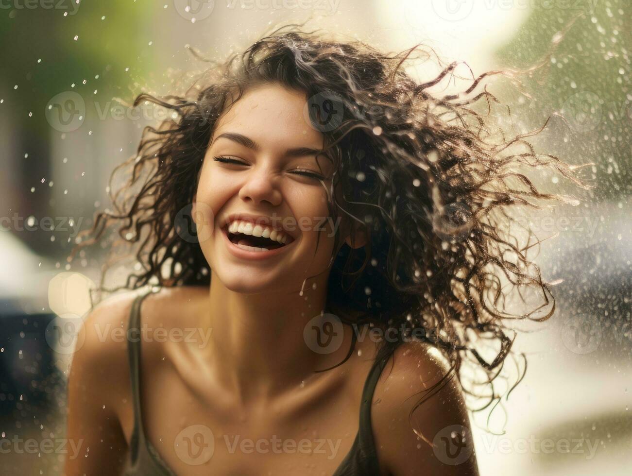 Carefree woman joyfully dances in the refreshing rain AI Generative photo