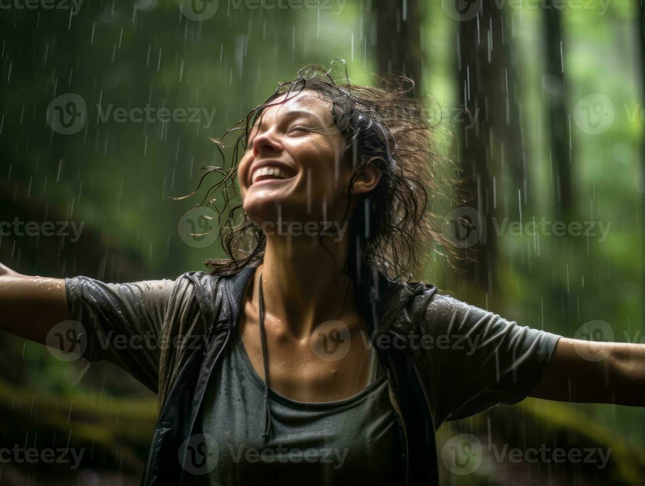 Carefree woman joyfully dances in the refreshing rain AI Generative photo