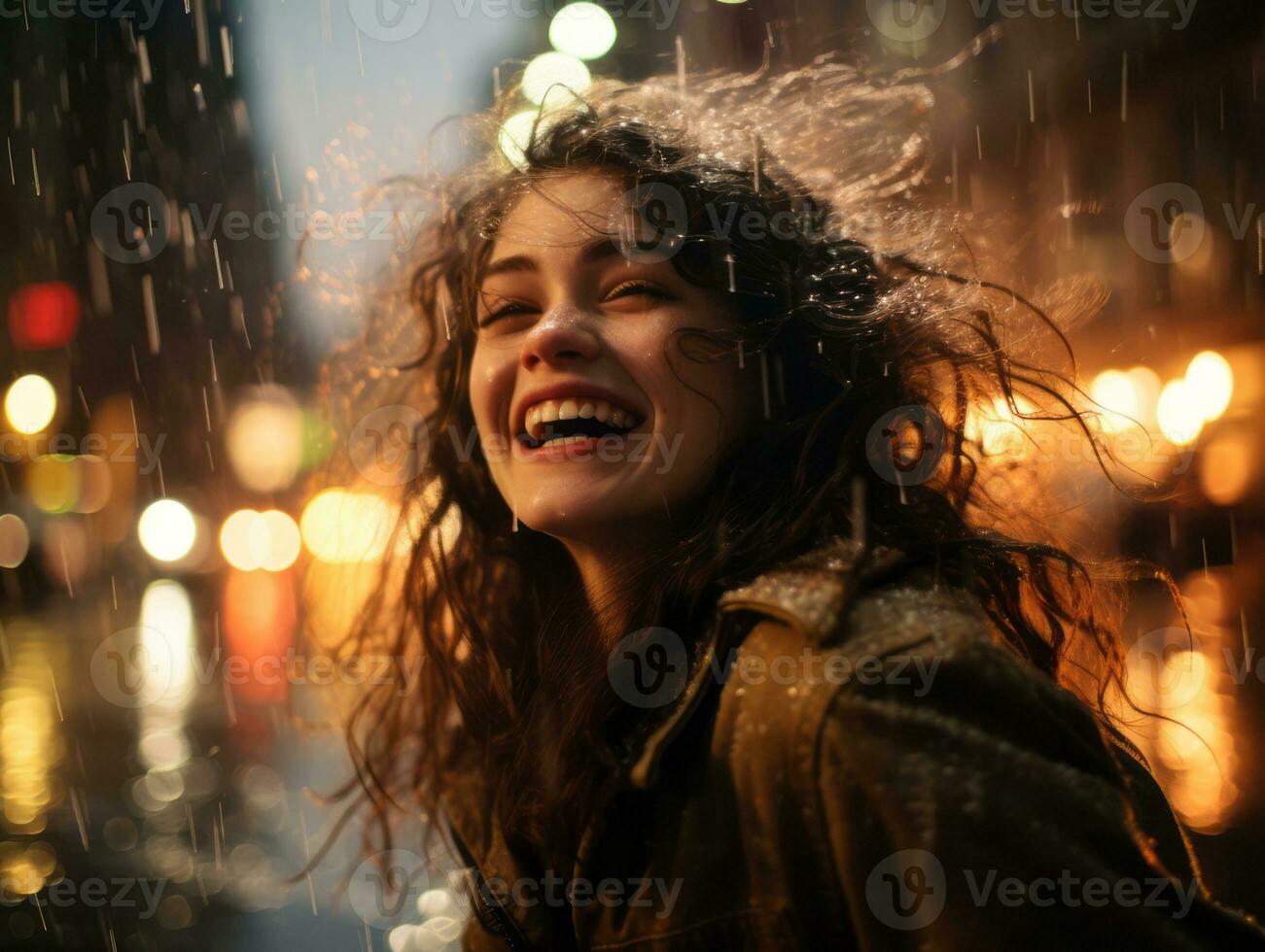 Carefree woman joyfully dances in the refreshing rain AI Generative photo