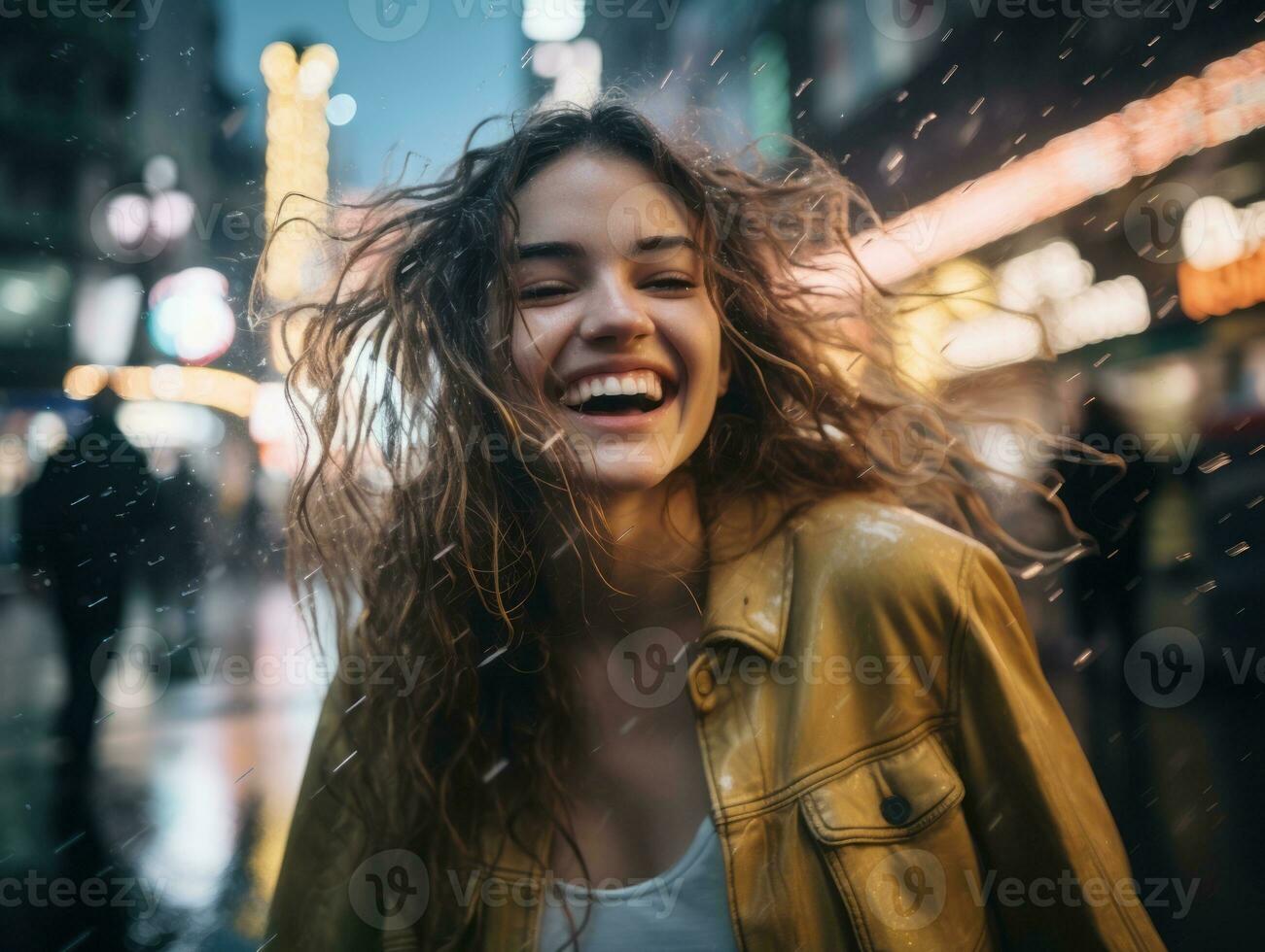 Carefree woman joyfully dances in the refreshing rain AI Generative photo