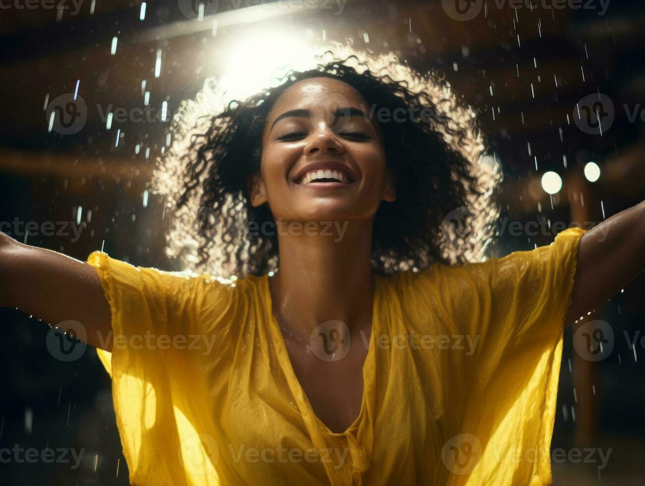 Carefree woman joyfully dances in the refreshing rain AI Generative photo