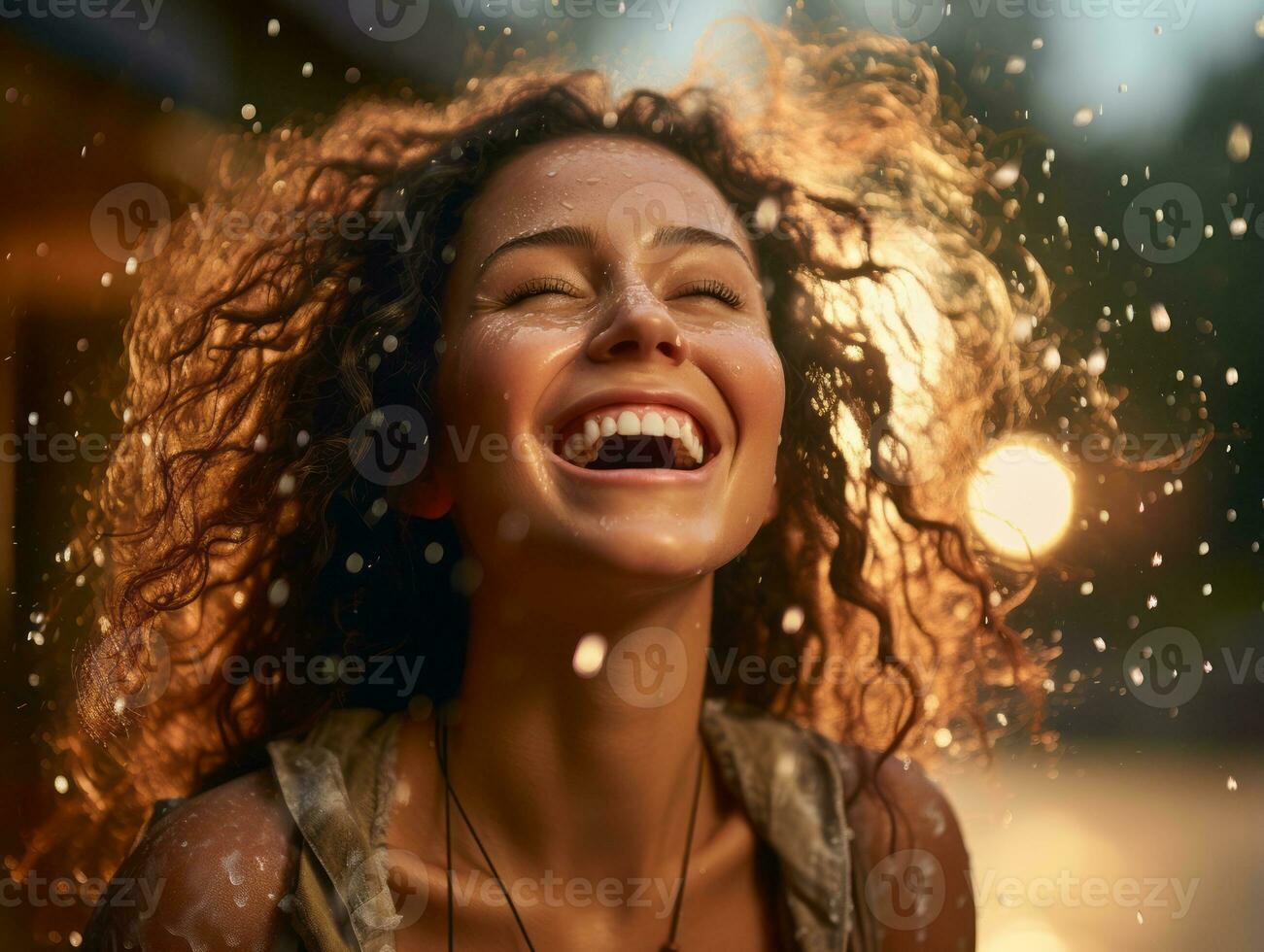 Carefree woman joyfully dances in the refreshing rain AI Generative photo