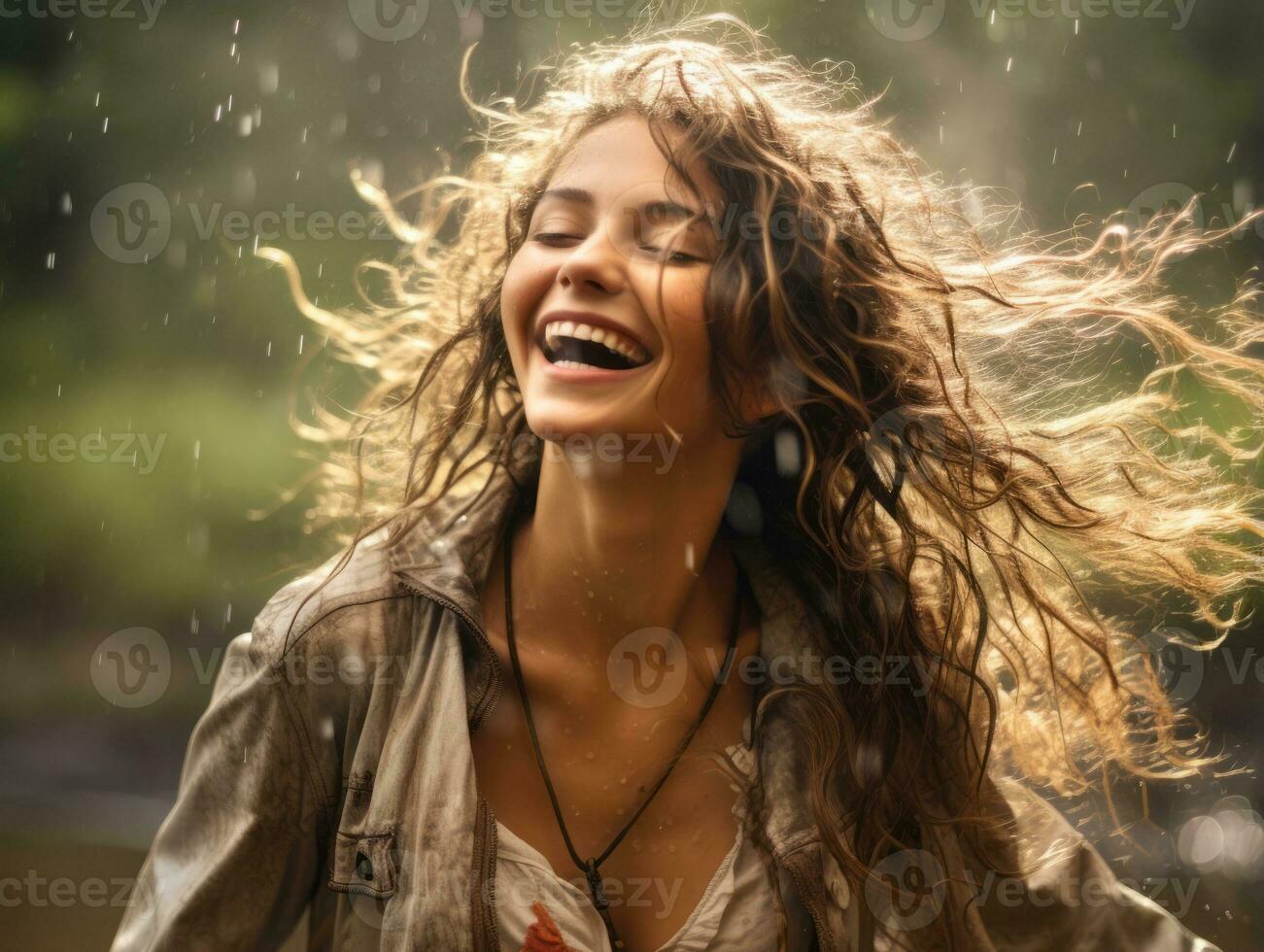 Carefree woman joyfully dances in the refreshing rain AI Generative photo