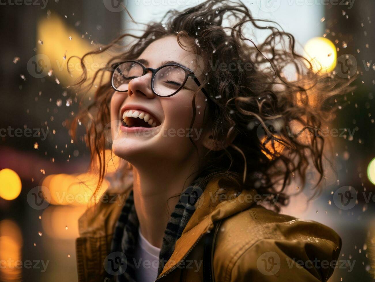 Carefree woman joyfully dances in the refreshing rain AI Generative photo