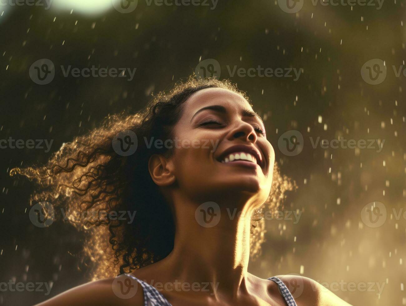 Carefree woman joyfully dances in the refreshing rain AI Generative photo
