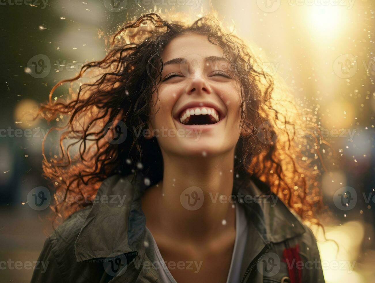 Carefree woman joyfully dances in the refreshing rain AI Generative photo