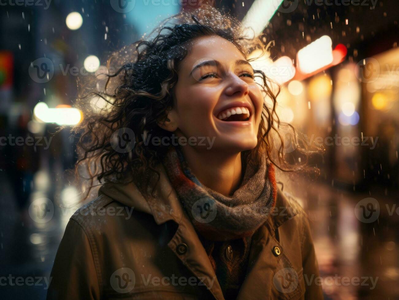 Carefree woman joyfully dances in the refreshing rain AI Generative photo
