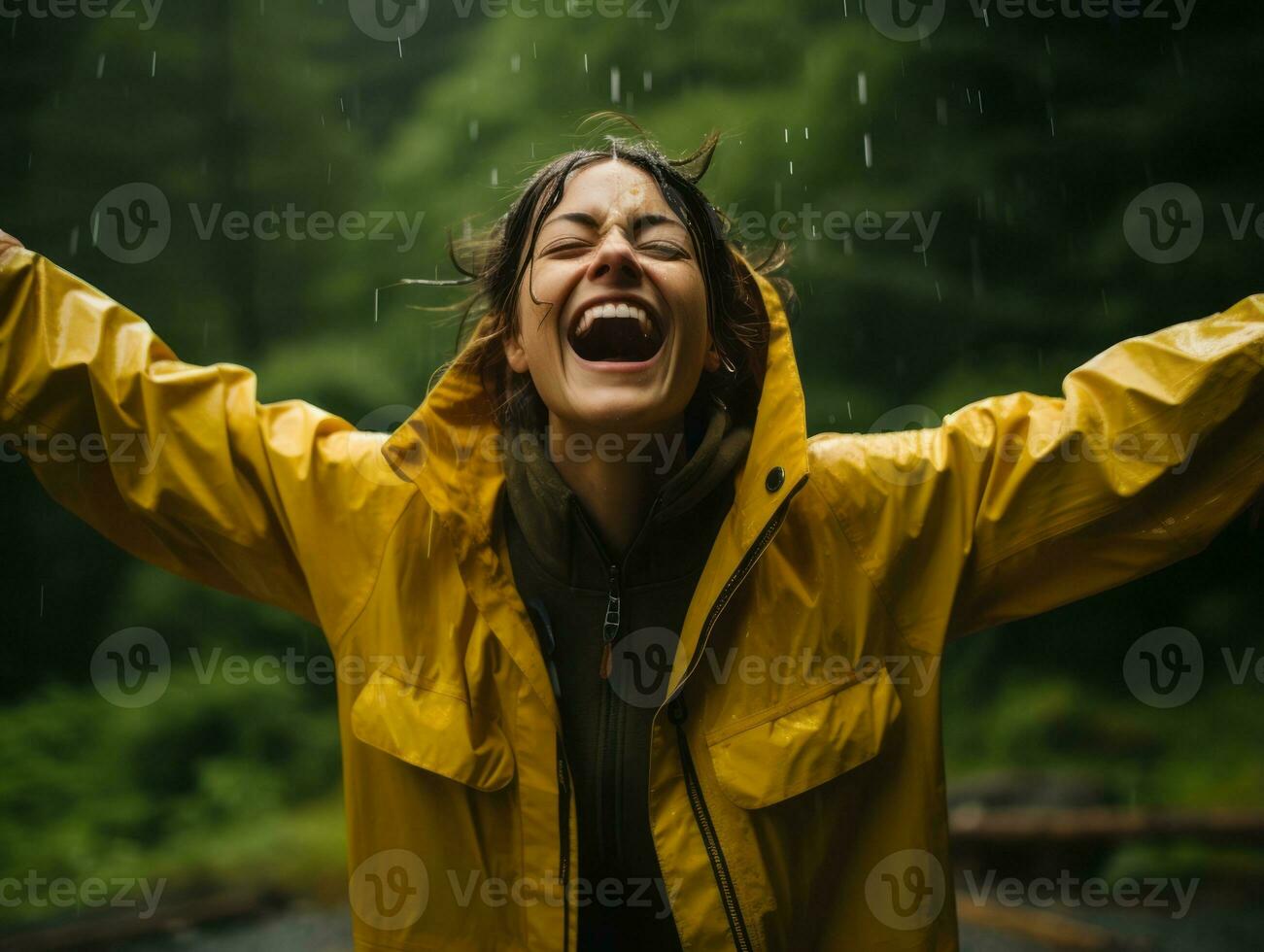 Carefree woman joyfully dances in the refreshing rain AI Generative photo