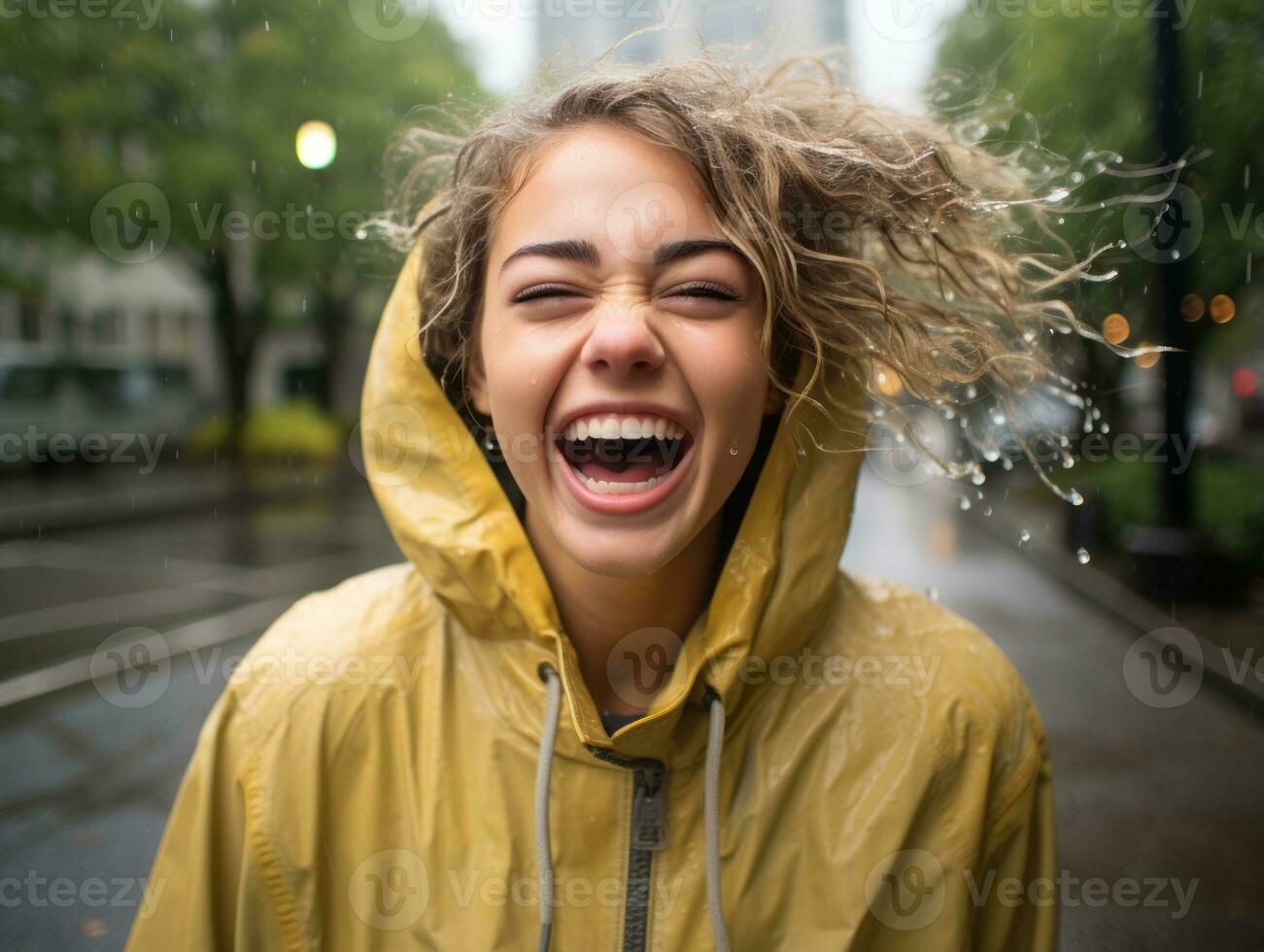Carefree woman joyfully dances in the refreshing rain AI Generative photo