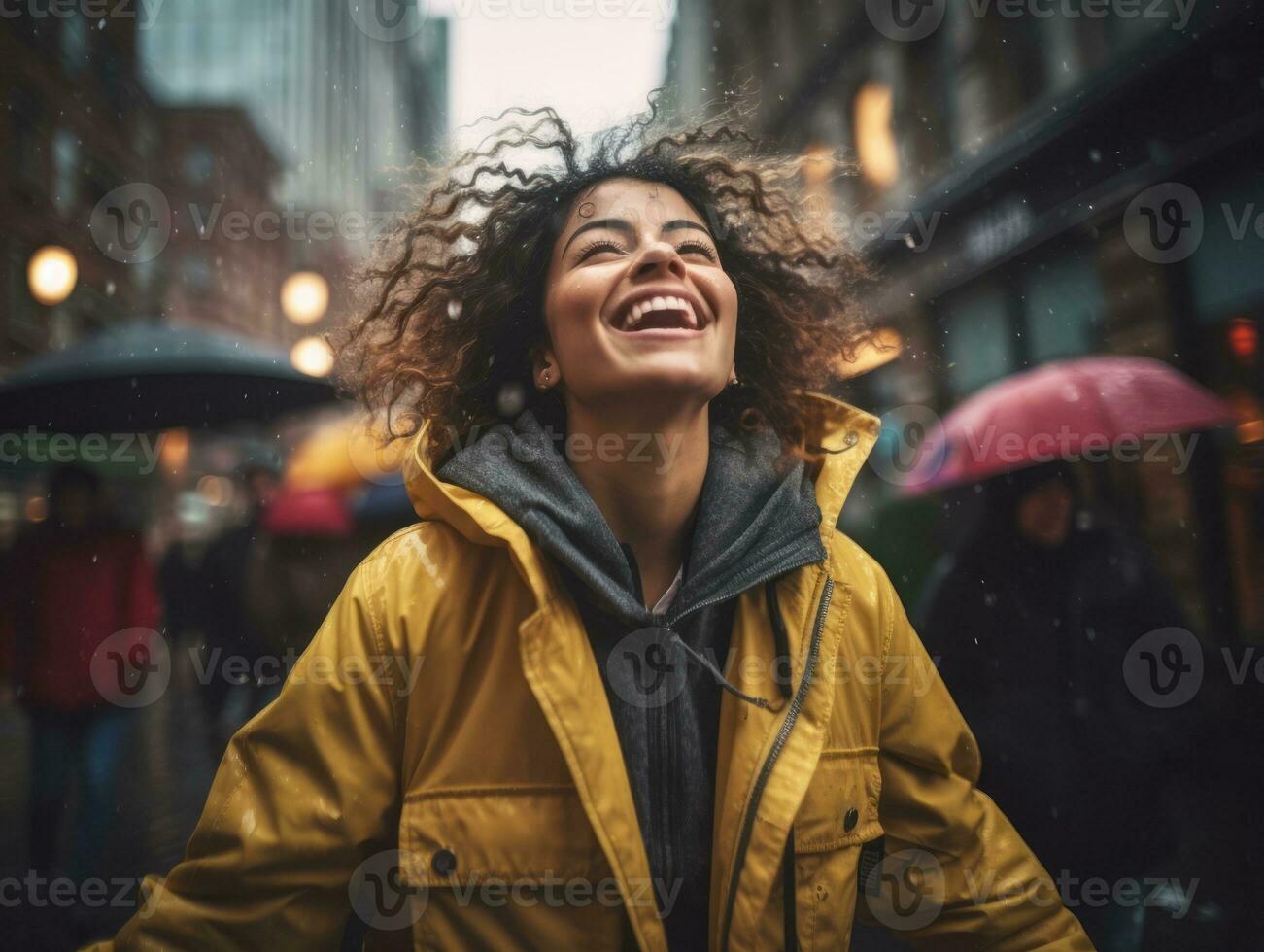 Carefree woman joyfully dances in the refreshing rain AI Generative photo