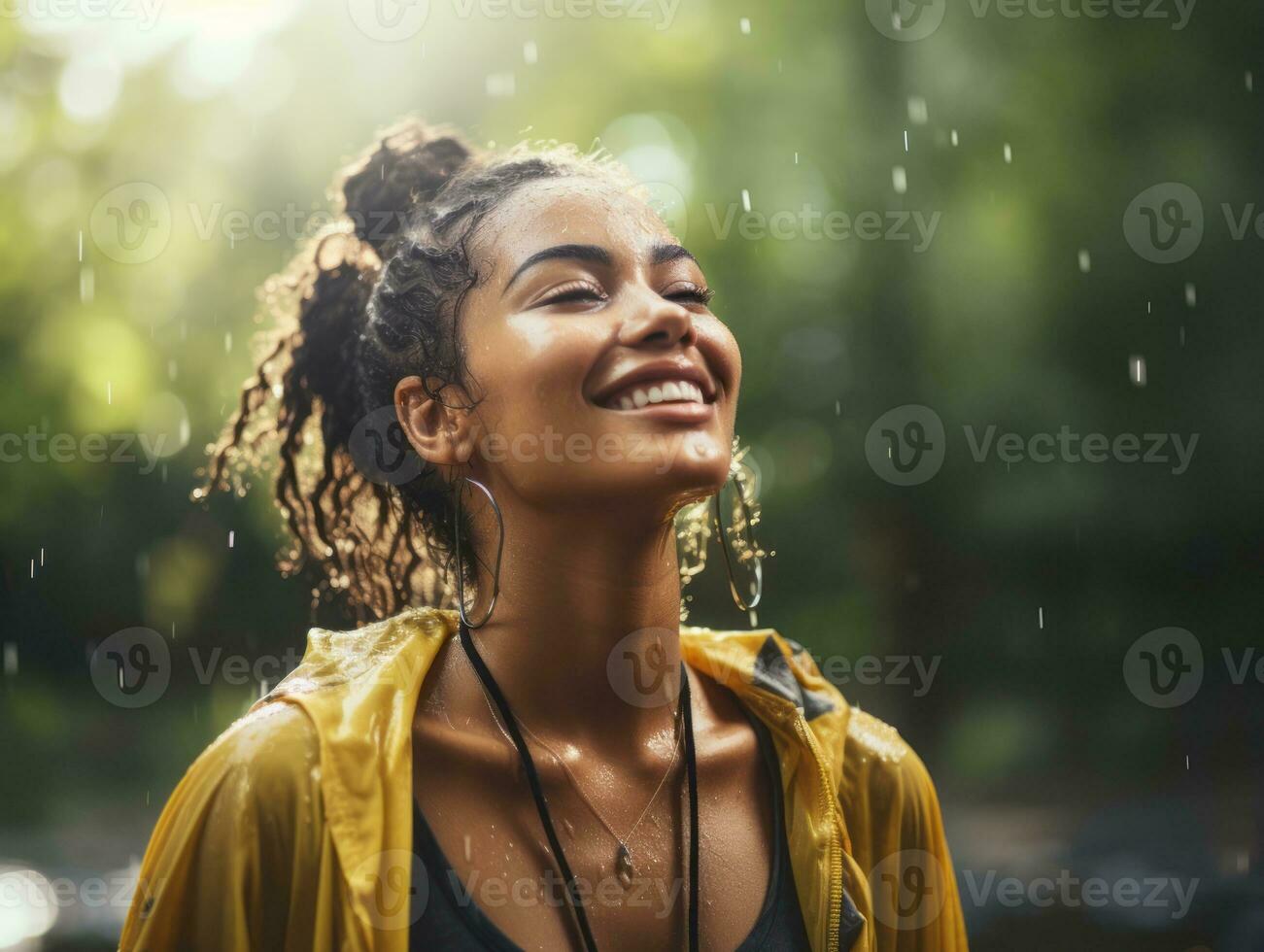 Carefree woman joyfully dances in the refreshing rain AI Generative photo