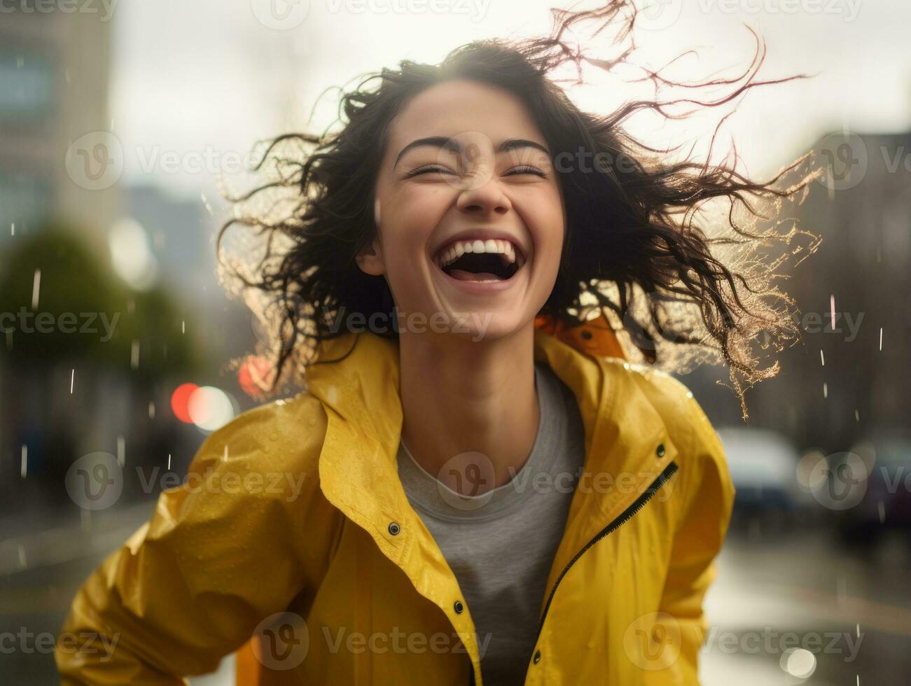 Carefree woman joyfully dances in the refreshing rain AI Generative photo