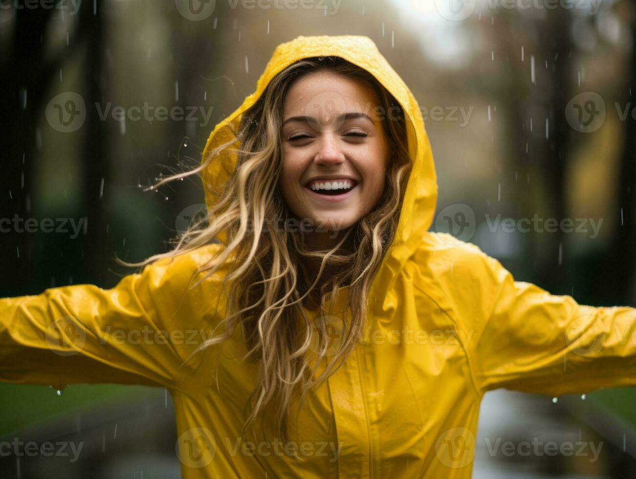 Carefree woman joyfully dances in the refreshing rain AI Generative photo