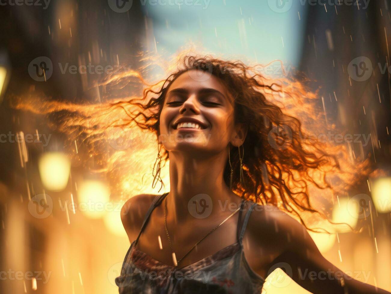 Carefree woman joyfully dances in the refreshing rain AI Generative photo