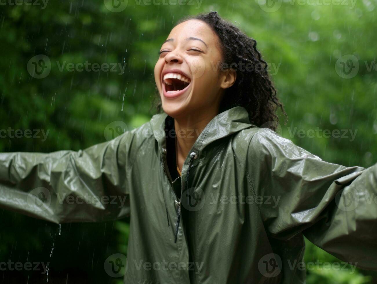 Carefree woman joyfully dances in the refreshing rain AI Generative photo