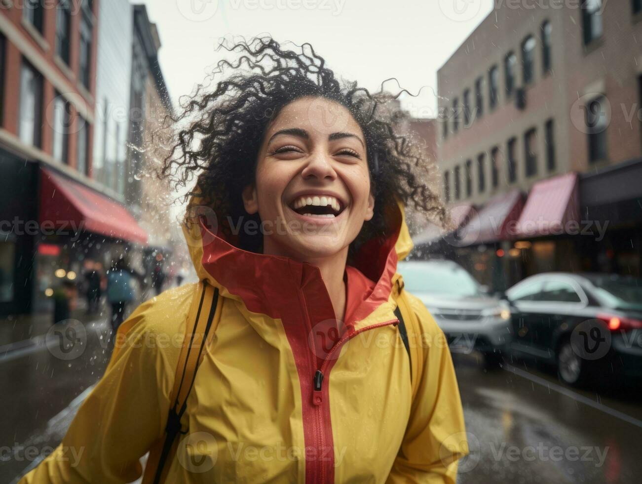 Carefree woman joyfully dances in the refreshing rain AI Generative photo