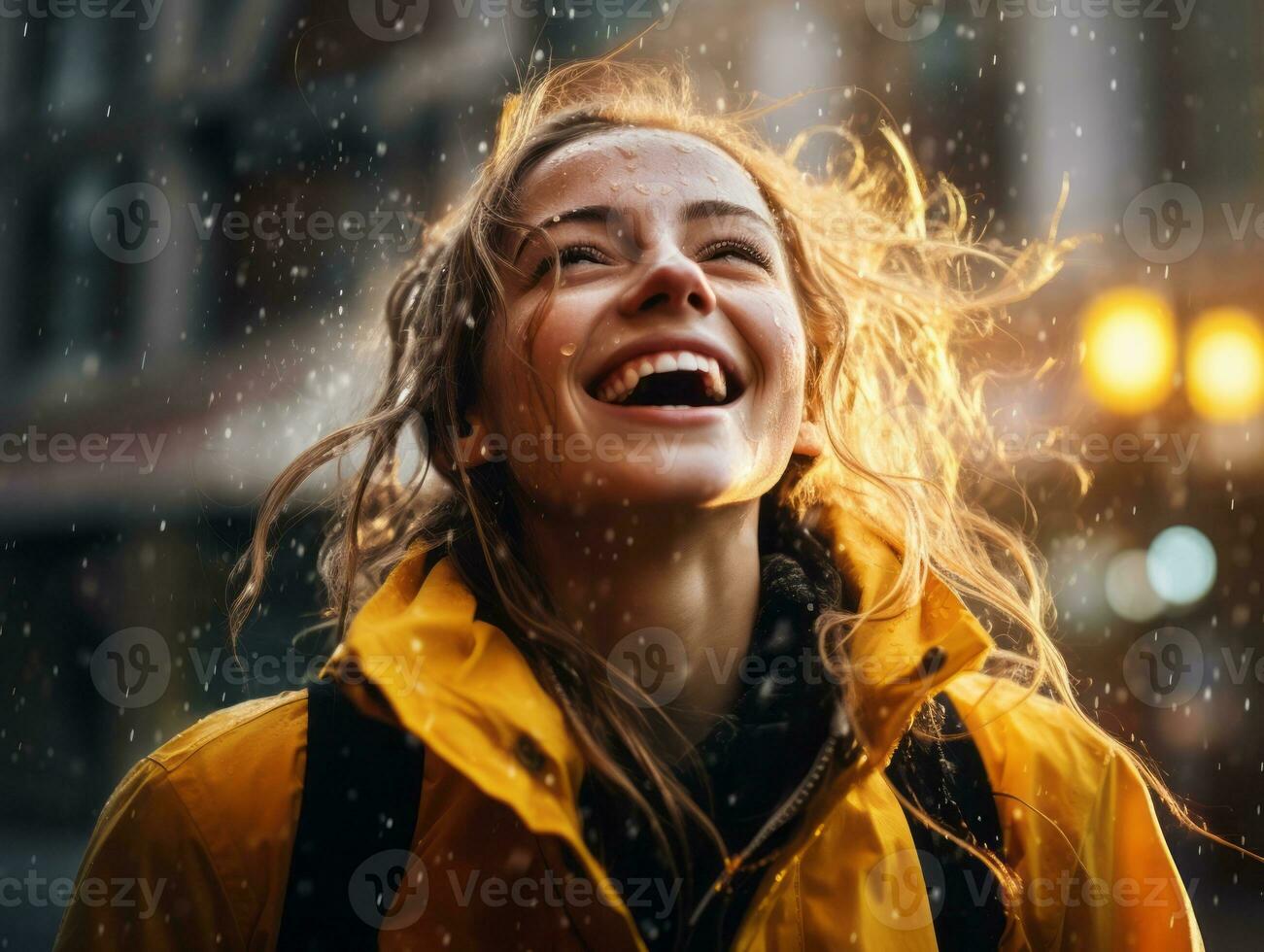 Carefree woman joyfully dances in the refreshing rain AI Generative photo