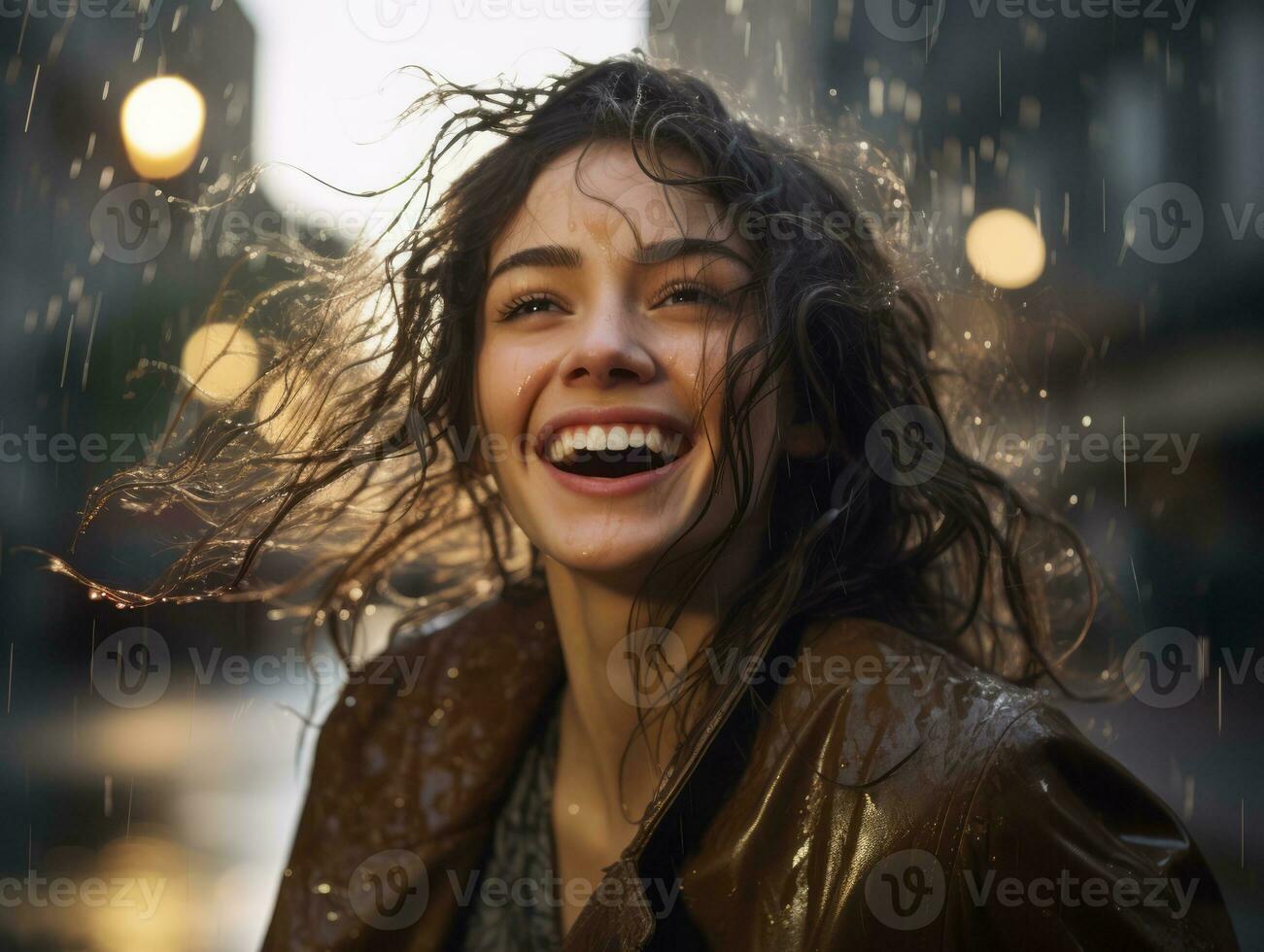 Carefree woman joyfully dances in the refreshing rain AI Generative photo
