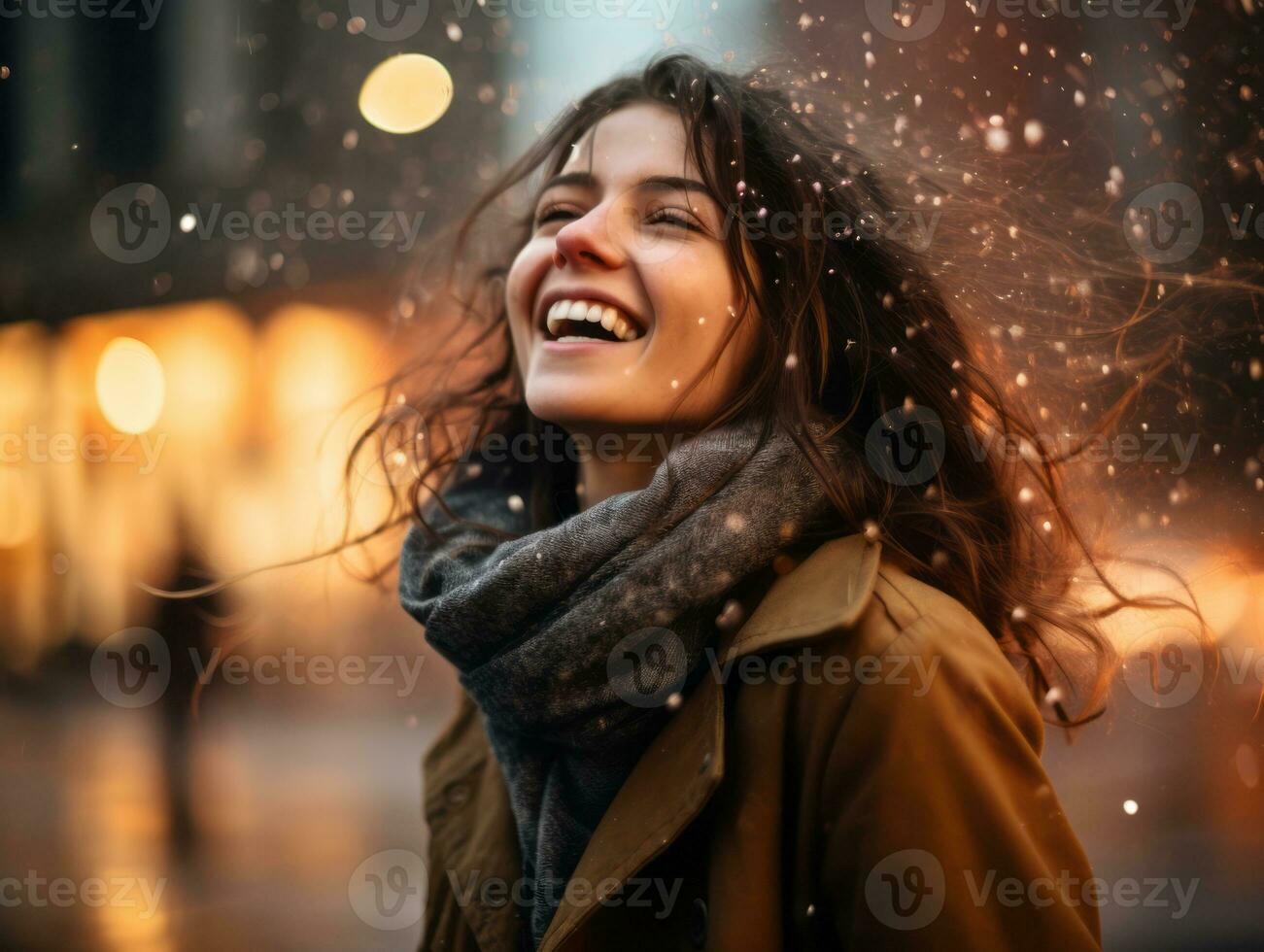 Carefree woman joyfully dances in the refreshing rain AI Generative photo