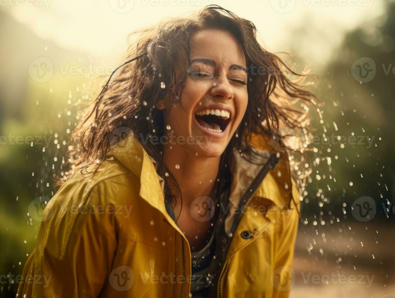 Carefree woman joyfully dances in the refreshing rain AI Generative photo