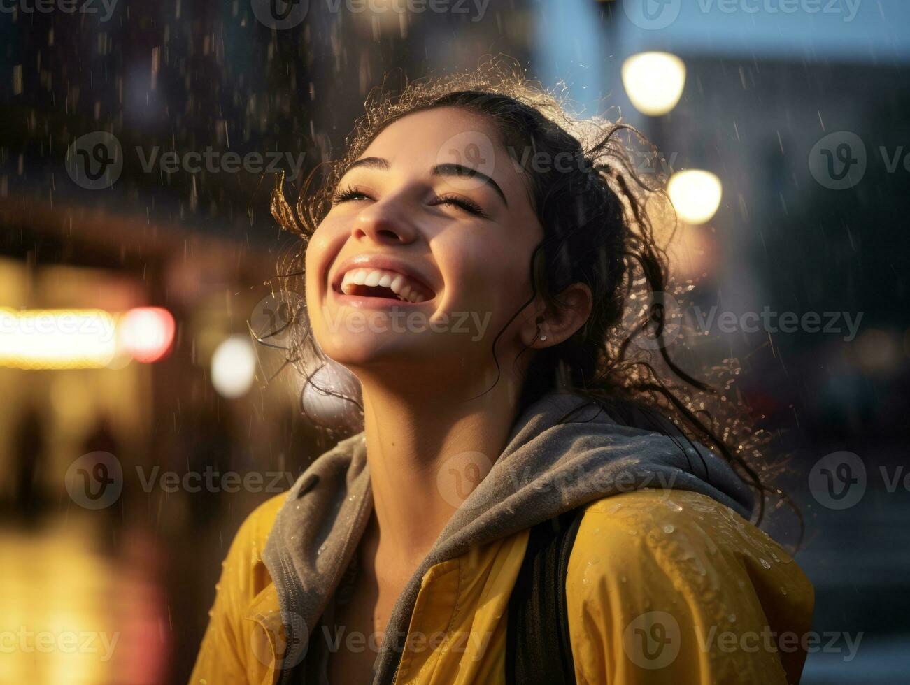 Carefree woman joyfully dances in the refreshing rain AI Generative photo