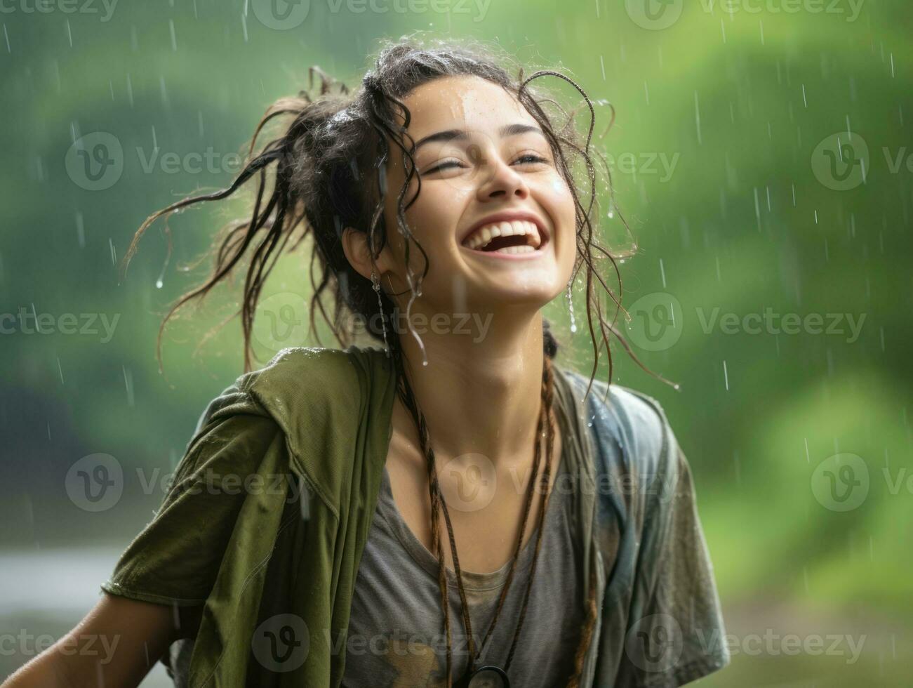 Carefree woman joyfully dances in the refreshing rain AI Generative photo
